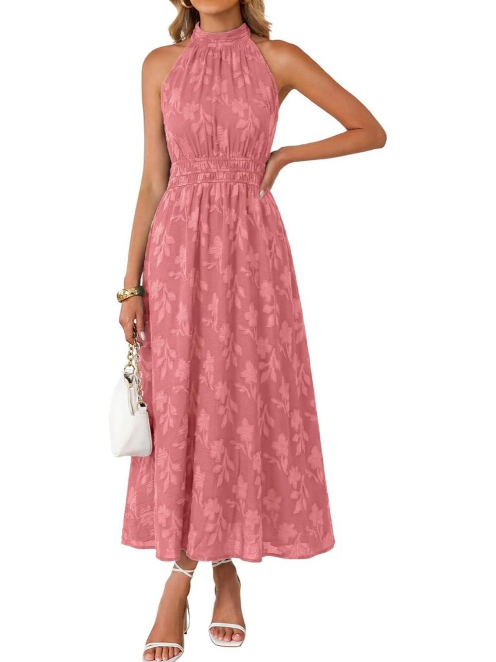 Women's Pink Summer Sleeveless Halter Boho Floral Wedding Guest Maxi Dresses